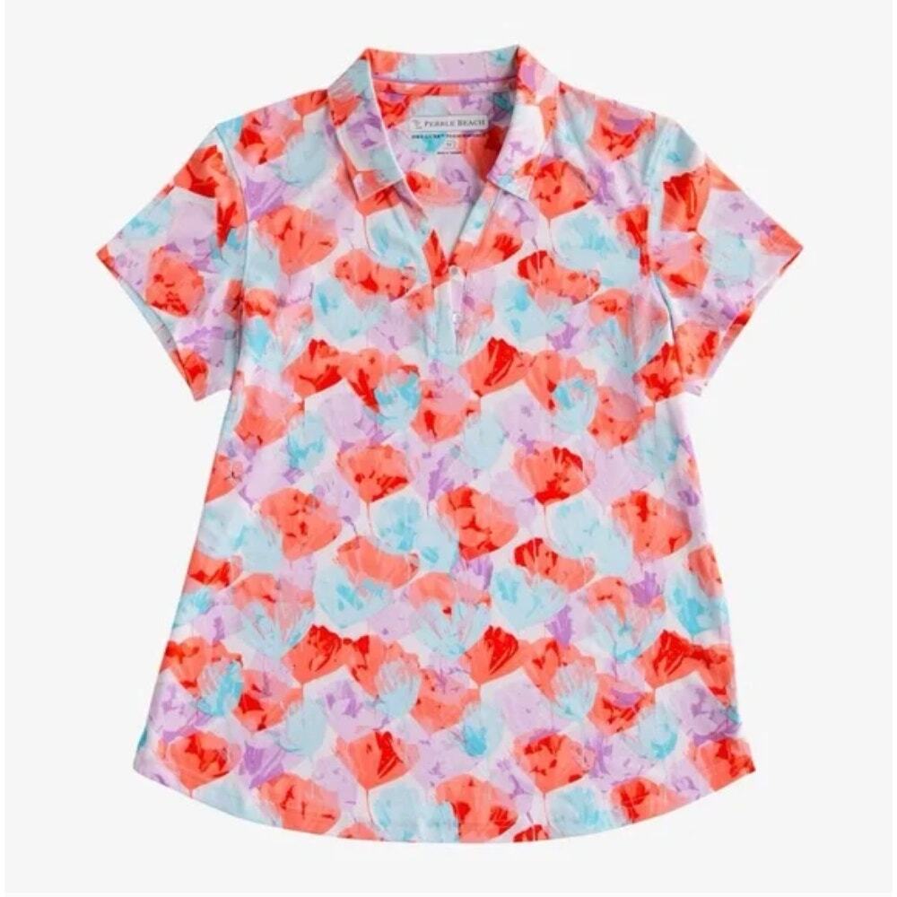 Pebble Beach Pink Firelight Floral Dry Luxe Polo Golf Shirt Size M Pickeball